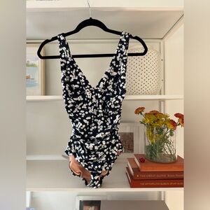 J Crew Ruched V-neck one-piece full-coverage swimsuit is navy Little Blooms, 2